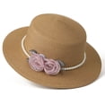 thumbnail image 2 of Women's Hepburn Style Straw Sun Hat Floral Pearl Decorated Wide Brim UV Protection Bucket Hat, 2 of 5