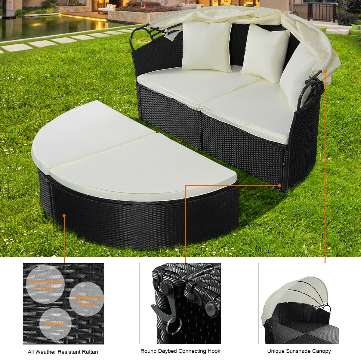 Costway Round Retractable Canopy Daybed Wicker Rattan Patio Sofa Furniture Walmart Canada