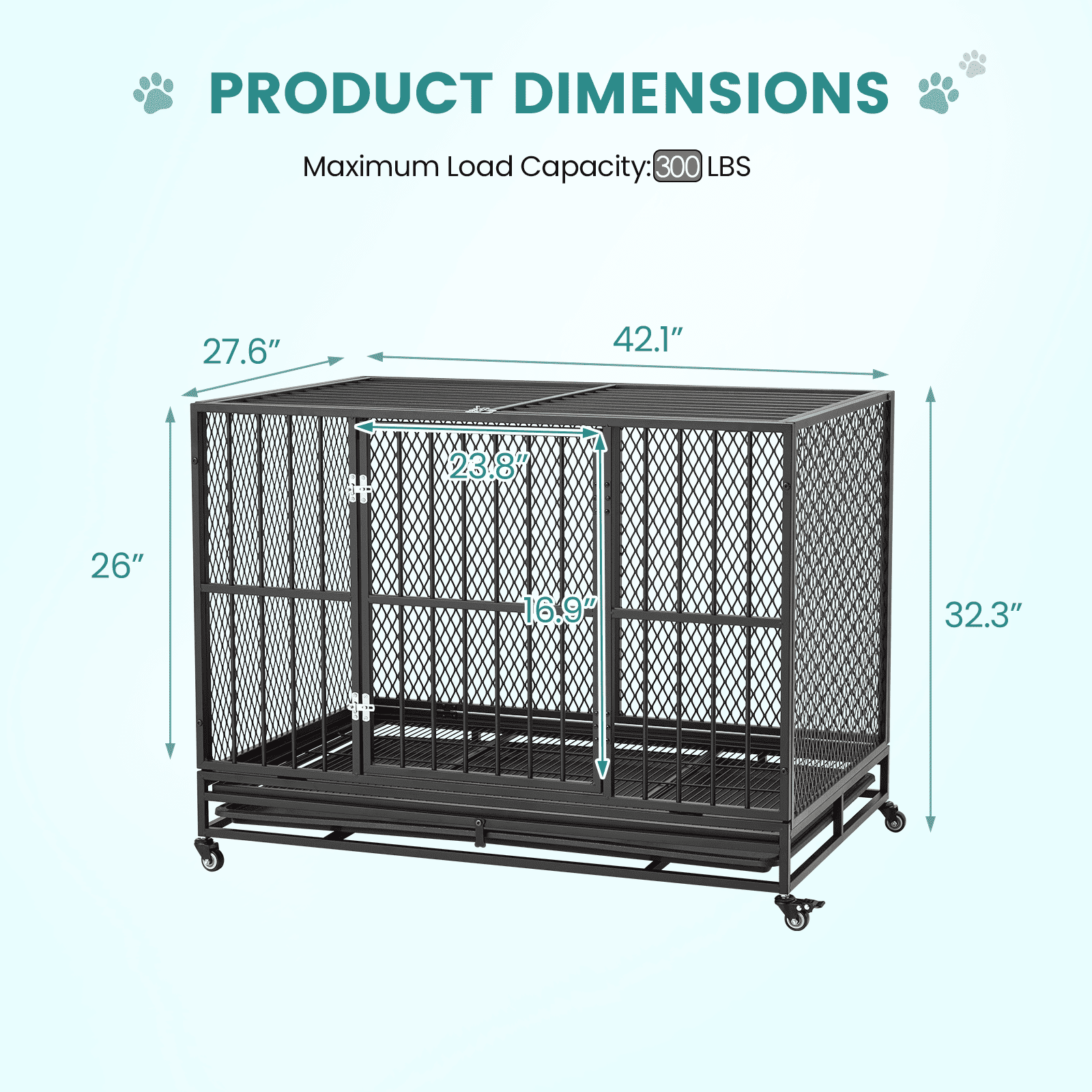 Erinnyees Heavy Duty 42" Metal Dog Crate for Dogs with Lockable Wheels