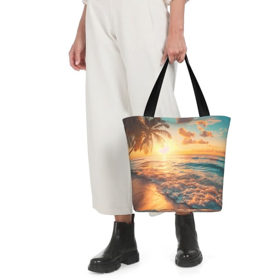 Horeoi Tropical Sunset Beach Scene Print Shoulder Bag for Women Large Capacity Zipper Tote for Shopping Beach Travel Gym with Inner Pocket
