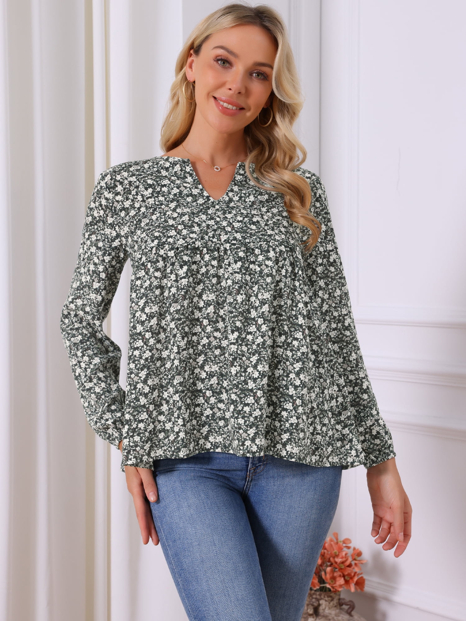 DARING DIVA Women's Babydoll V Neck Floral Blouse S Black