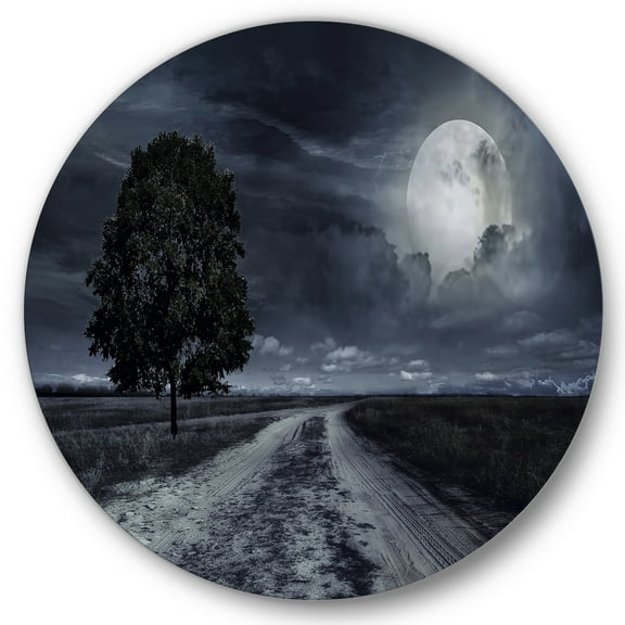 Designart 'A Full Moon Over Paved Road' Nautical & Coastal Circle Metal Wall Art 36x36 - Disc of 36