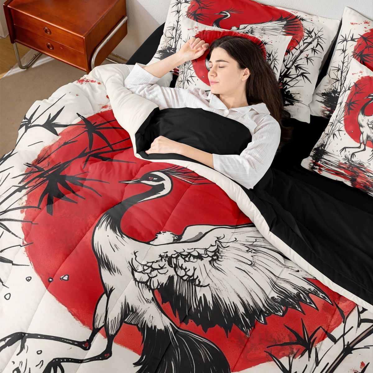 Manfei Ink Red Sun Crane Twin Bedding Sets for Girls, Bamboo Water Bedding Comforter Set, Black Red White, Black Reversible7-Piece