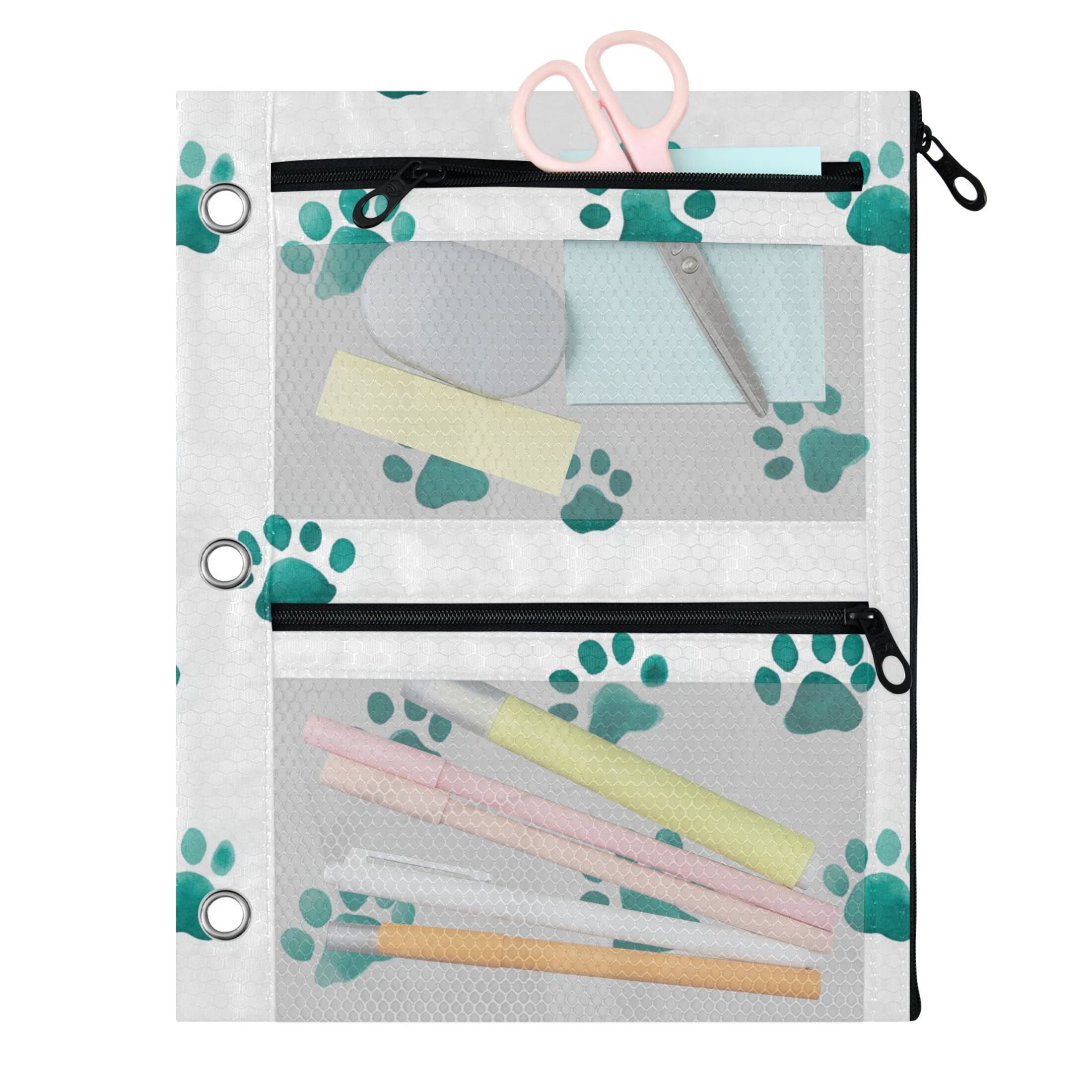3-Hole Pencil Pouch for 3 Ring Binder Clear Zippered Pen Case with Window Teal Dog Paw Prints