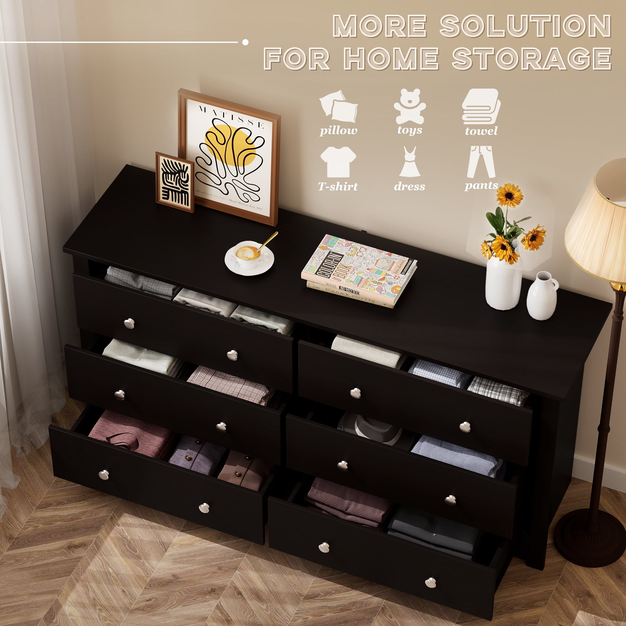 Vineego 58'' 6 Drawers Dresser, Rustic Modern Chest of 6 Drawers Extra Wide Double Dresser for Master Bedroom or Nursery Storage,Brown