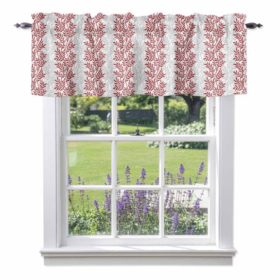 Red Gray Botanical Kitchen Curtain Valances for Windows Farmhouse Short Curtains, Pastoral Spring Summer Leaf Aesthetics Rod Pocket Valance Curtain for Bedroom Cafe Living Room