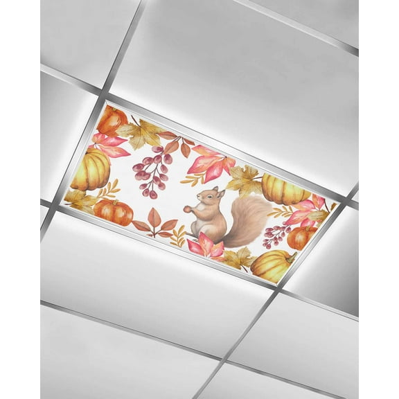 Fluorescent Light Covers for Ceiling Lights 1 Pack,Fall Squirrel Magnetic Ceiling Light Covers 2x4 Feet for Classroom Office School,Yellow Orange Pumpkins Botanical Overhead Drop Ceiling Light Shade