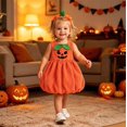 thumbnail image 2 of Toddler Girls Pumpkin Sleeveless Bubble Dress, Jack-o'-Lantern Face Outfit With Matching Leaf Headband Soft Fleece Halloween Costume for Party Cosplay Photo Wear(Orange3,2-3 Years), 2 of 6