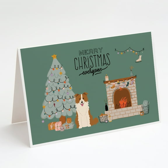 Red White Border Collie Christmas Everyone Greeting Cards and Envelopes Pack of 8