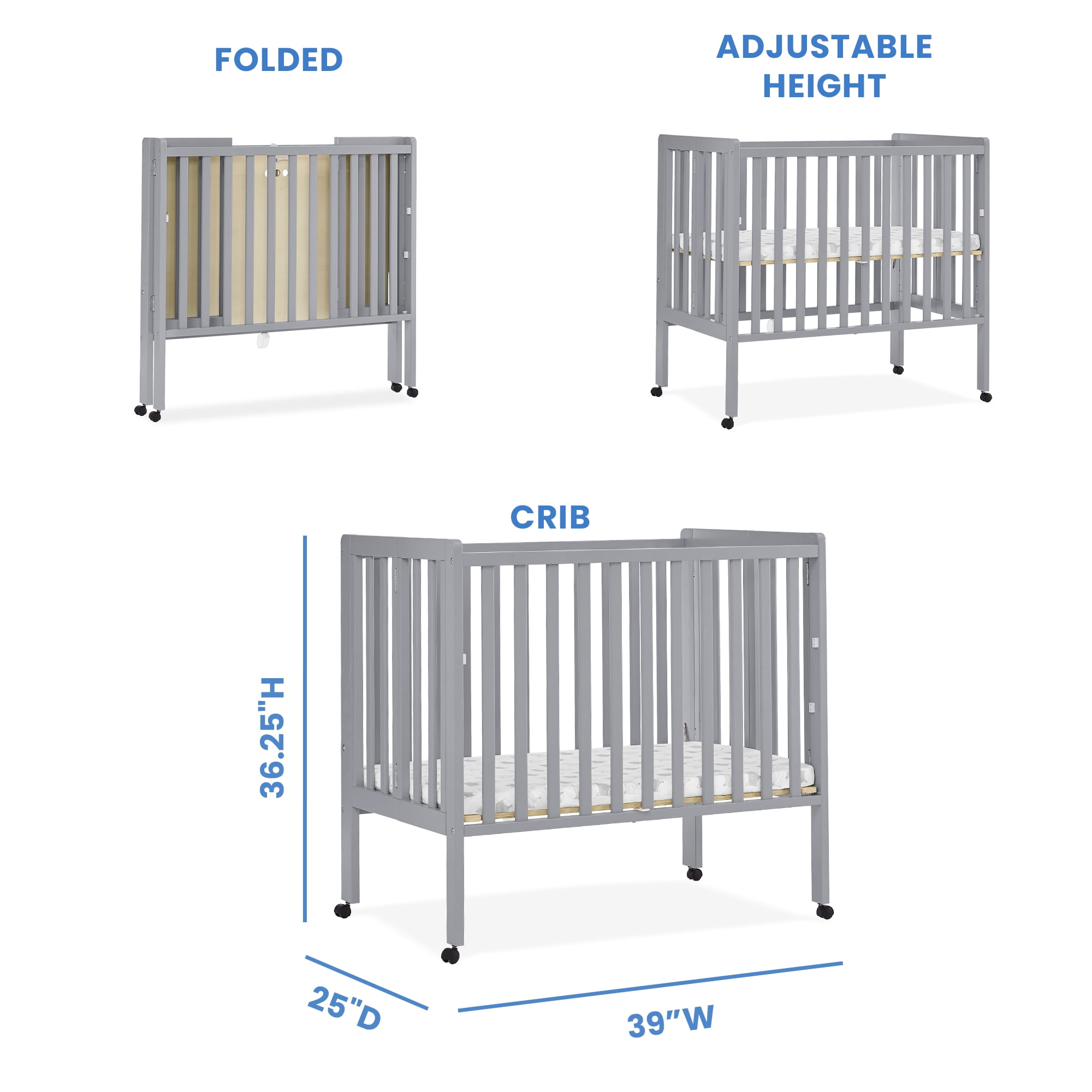Delta Children Lee Portable Folding Mini Crib with 1.5-Inch Mattress - Greenguard Gold Certified, Grey