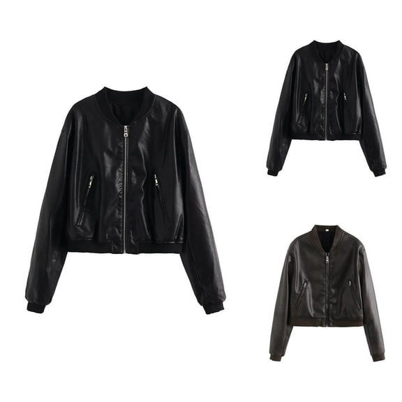 Faux PU Leather Cropped Bomber Jacket for Women Long Sleeve Baseball Collar Zip Up Biker Coat with Pockets Outerwear