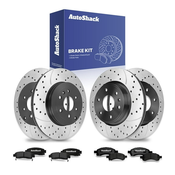 AutoShack Front Vented & Rear Vented Drilled & Slotted E-Coated Brake Rotors   Ceramic Pads 12-PC Brake Kit Replacement for 2007-2016 GMC Acadia 2009-2017 Chevrolet Traverse ShadowGuard