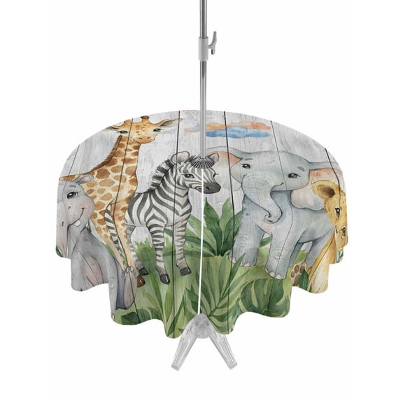 Outdoor Tablecloth with Umbrella Hole for Patio/Picnic/Party/Camping, Cute Animals Waterproof Table Cloth Round Cover Washable, Cartoon Summer Botanical Palm Leaves (Dia 60")