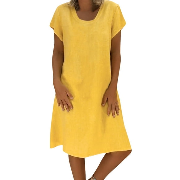 WTXUE Plus Size Dresses, A-Line Short Sleeve Mid-Length Crew Neck, Women Summer Feminino Vestido T-Shirt Cotton Casual Ladies Dress Solid Women's Plus, Yellow Size XL(US:10)