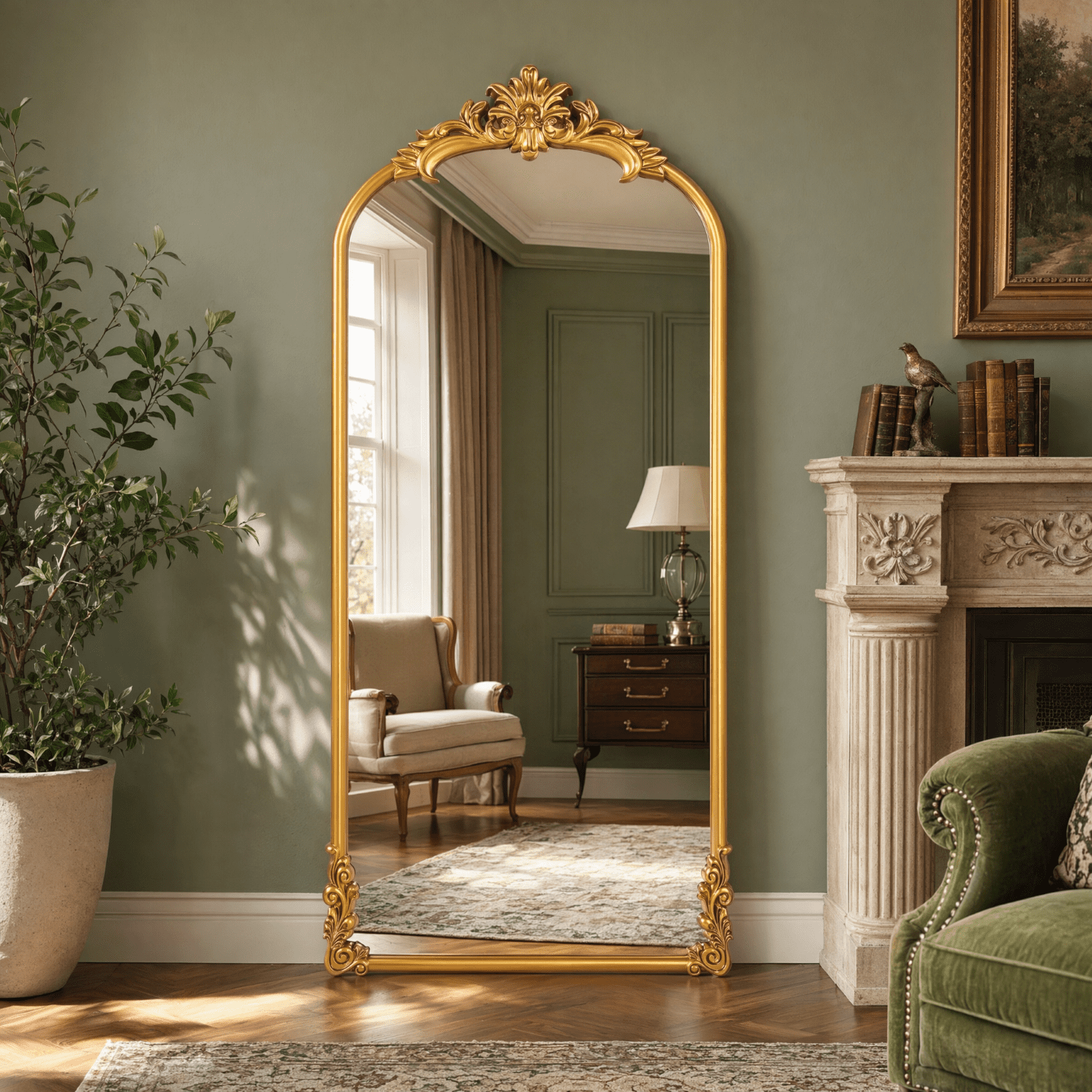 VORENTA 71"x32" Vintage Floor Mirror Arched Full Length Mirror Baroque Carved Wall Mounted Decor Traditional Ornate Mirror with Stand, Gold