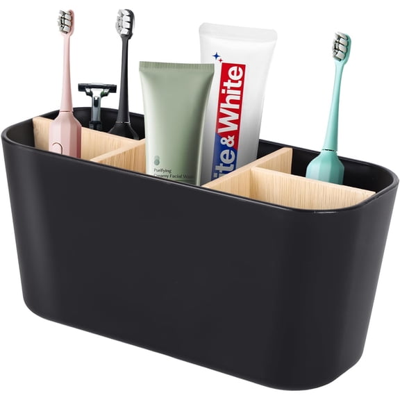 Bamboo Divider Bathroom Organizer | Multifunctional Toothbrush & Makeup Storage Caddy for Countertop