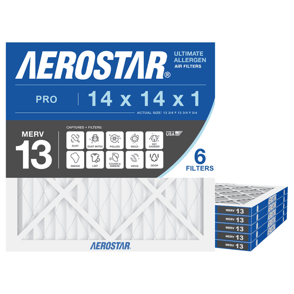 Aerostar 14x14x1 MERV 13 Air Filter, Pleated AC Furnace HVAC, Smoke Bacteria Allergy, 6 Pack