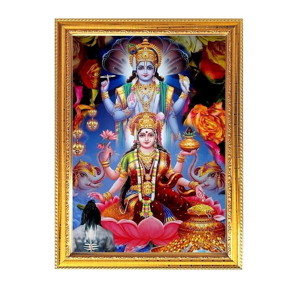 Vishnu Laxmi Goddess Photo With Golden Frame for Indian Pooja Hindu Worship Puja Temple House Warming Religious Wall Table 8.6 X 11