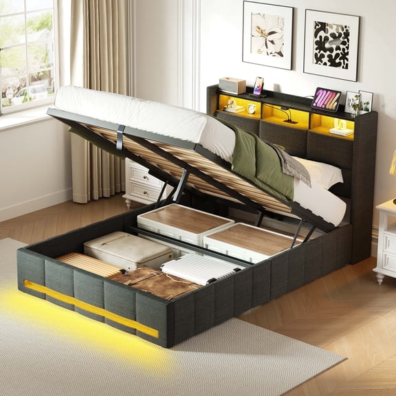 Greenstell Twin Size Lift up Hydraulic Platform Storage Bed Frame with Led Light & Charging Station, Fabric Channel Wingback Headboard, Dark Gray