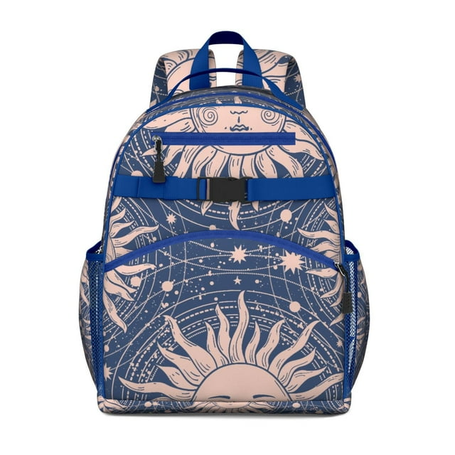 Mystical Goth Students Backpack with Witchy Astrology Sun, Moon, and Golden Star Print, Gothic Celestial Spiritual Design, Adjustable Straps and Large Capacity