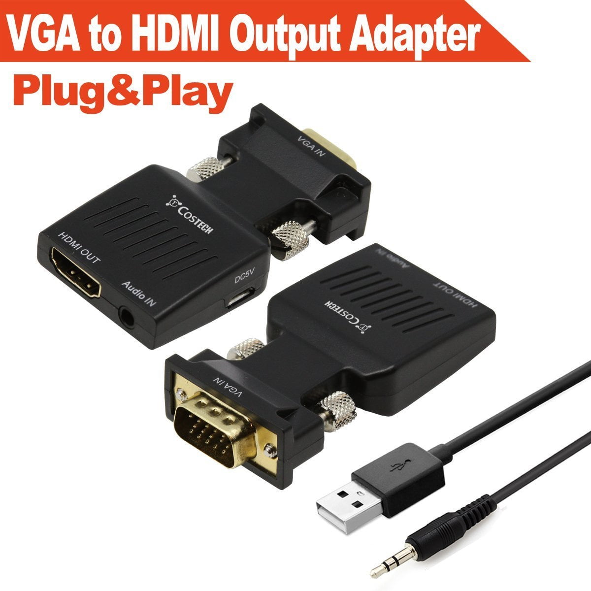 VGA to HDMI-1 Pack Monitors displayers,Laptop Desktop Computer VGA to HDMI Output Costech HD 1080p TV AV HDTV Video Cable Converter Adapter Plug and Play with Audio for HDTVs 