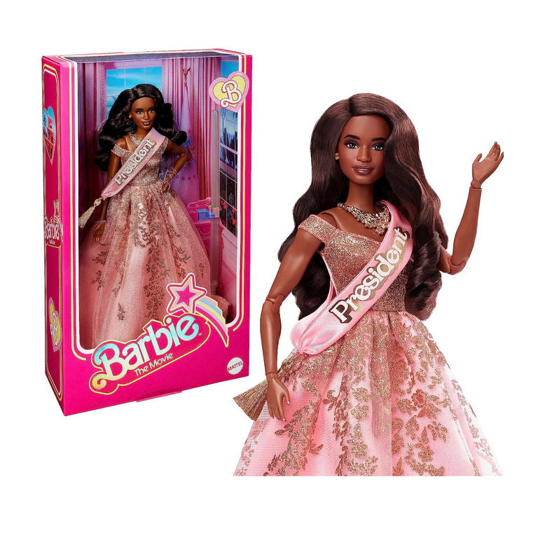 Barbie The Movie Doll President Collectible Wearing Shimmery Pink Gold Dress with Sash