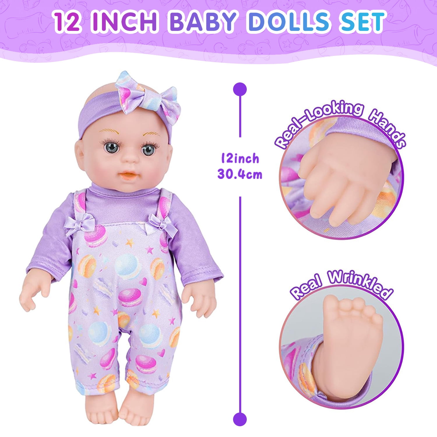 LINXUXIE Baby Doll Set with Diaper & Pacifier, Pretend Play Toy with Flower Pattern Backpack Carrier, Birthday Gifts for Kids 3-5 5-8 8-12 Year Old