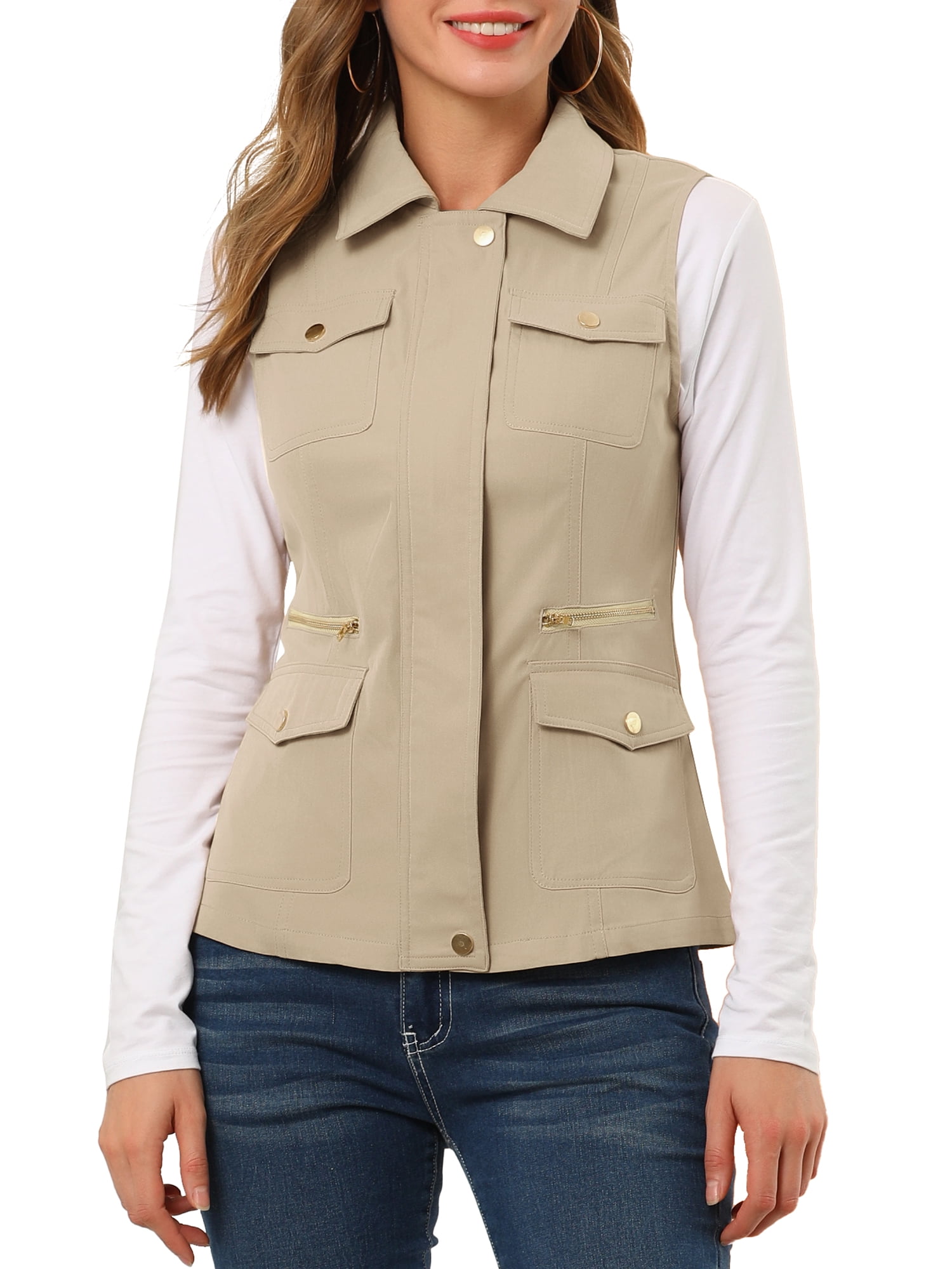 DARING DIVA Women's Travel Vest with Pockets Sleeveless Cargo Utility Vest M Khaki