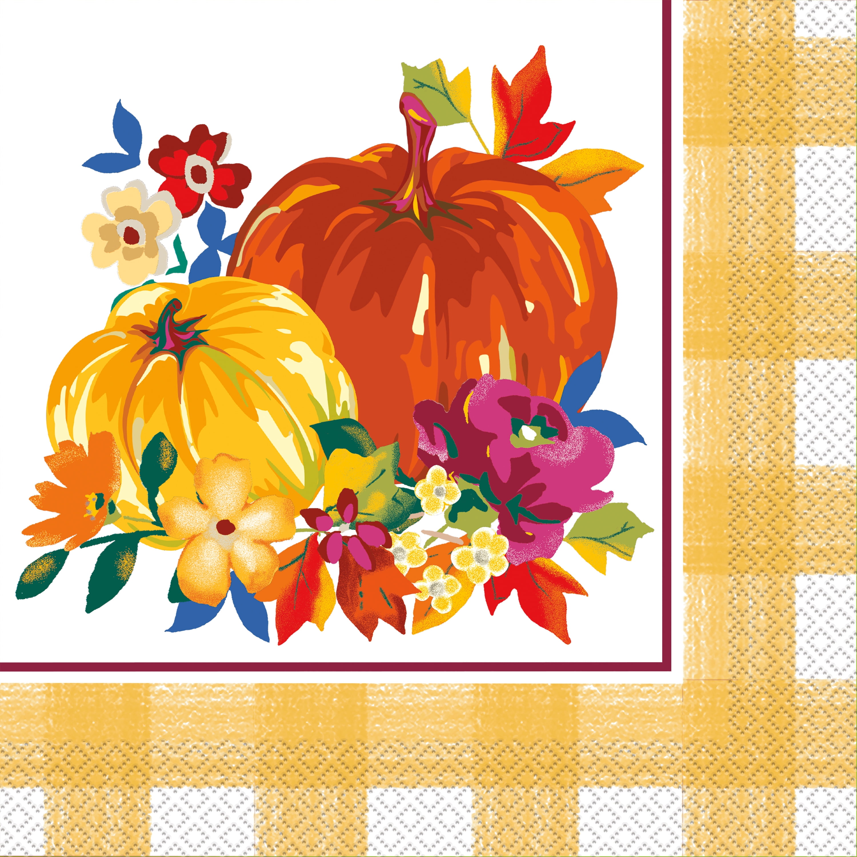 Pioneer Woman Fall Pumpkin Gingham Paper Dinner Napkins, 8 in, 20ct