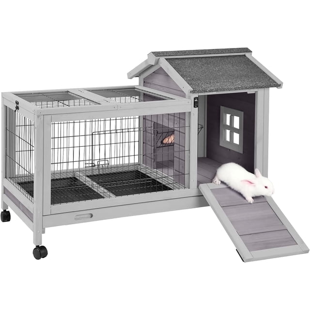 Aivituvin Rabbit Hutch Indoor and Outdoor, Rabbit Cage with Removable Wire Netting and Leak Proof Tray, Mobile Bunny Cage with Wheels