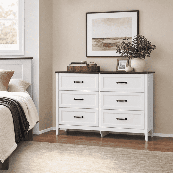 AIHO 6 Drawer Dresser, Country style White Wood Double Chest of Drawers with Retro Oak Top for Bedroom and Living Room