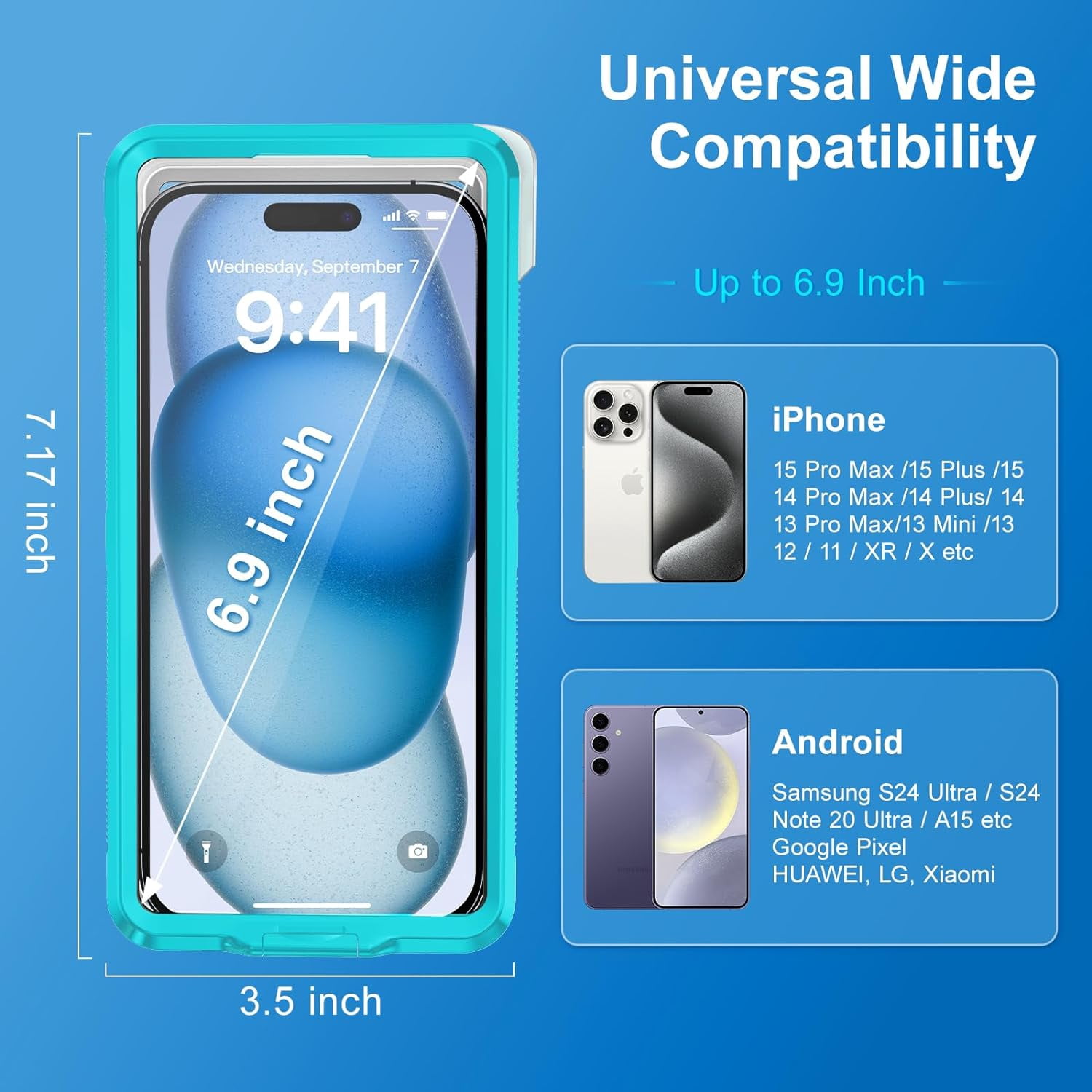 KOMI Waterproof Phone Case, Underwater Snorkeling Diving Phone Case, Universal Self-Check Water Proof Pouch Dry Bag Up to 6.9 Inch for iPhone 15/14/13/12/11/Samsung S24/S23/Google Series - Blue