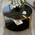 thumbnail image 3 of Modern Coffee Table with Golden Metal Drum Base and Glass Top, Stain-Resistant, No Assembly Required, Circular Design with Lower Shelf, Contemporary Furniture for Living Room, 3 of 9