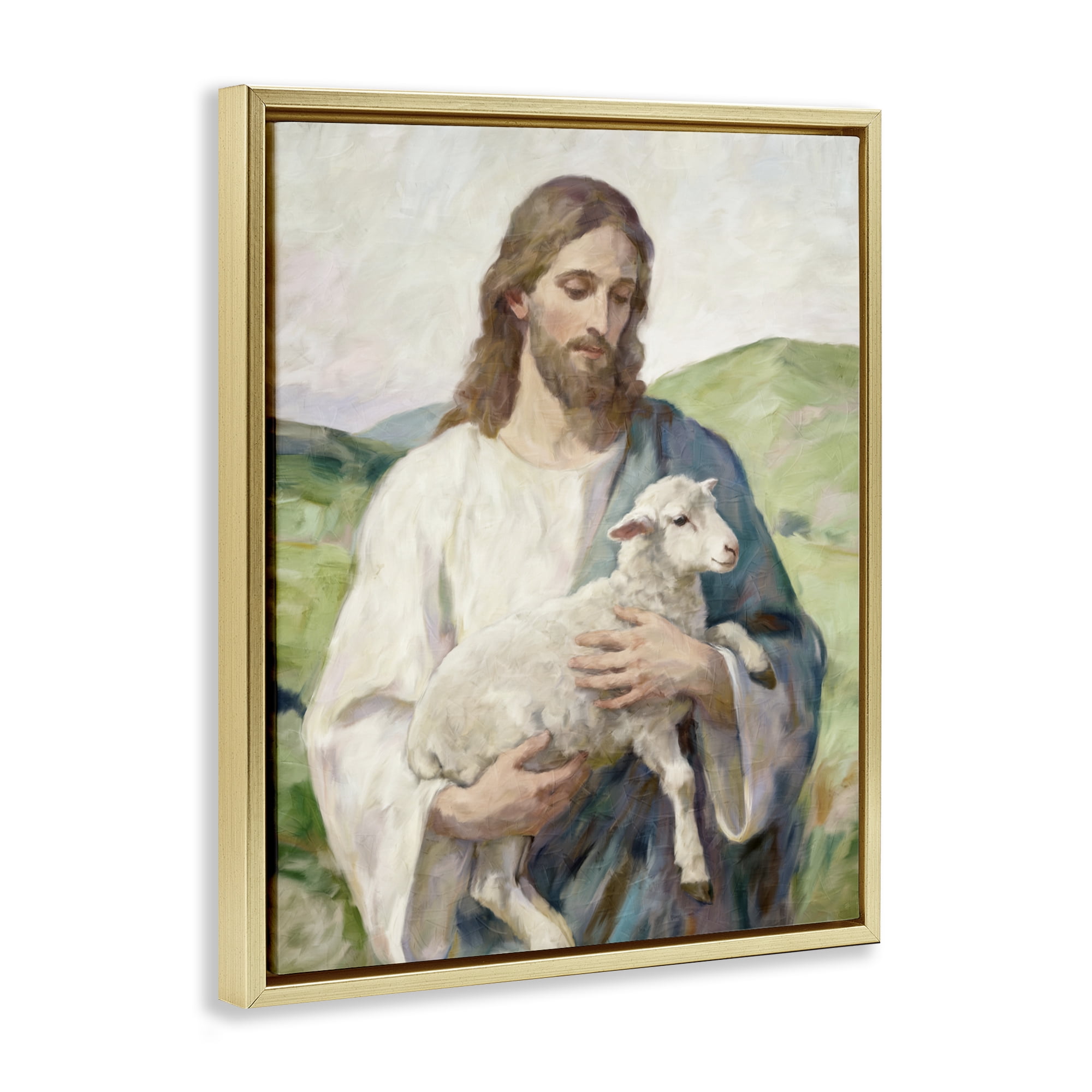 Stupell Industries Little Lamb & Spiritual Figure Gold Framed Floater Canvas Wall Art, design by Kim Allen