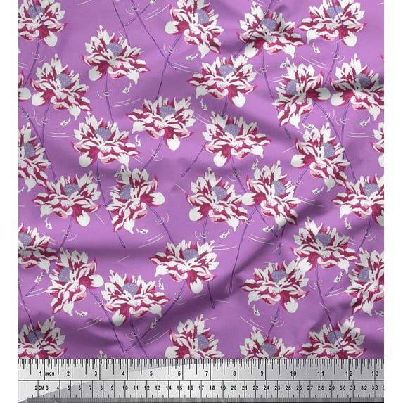 Soimoi Purple Satin Silk Fabric Peony Floral Print Fabric by the Yard 42 Inch Wide