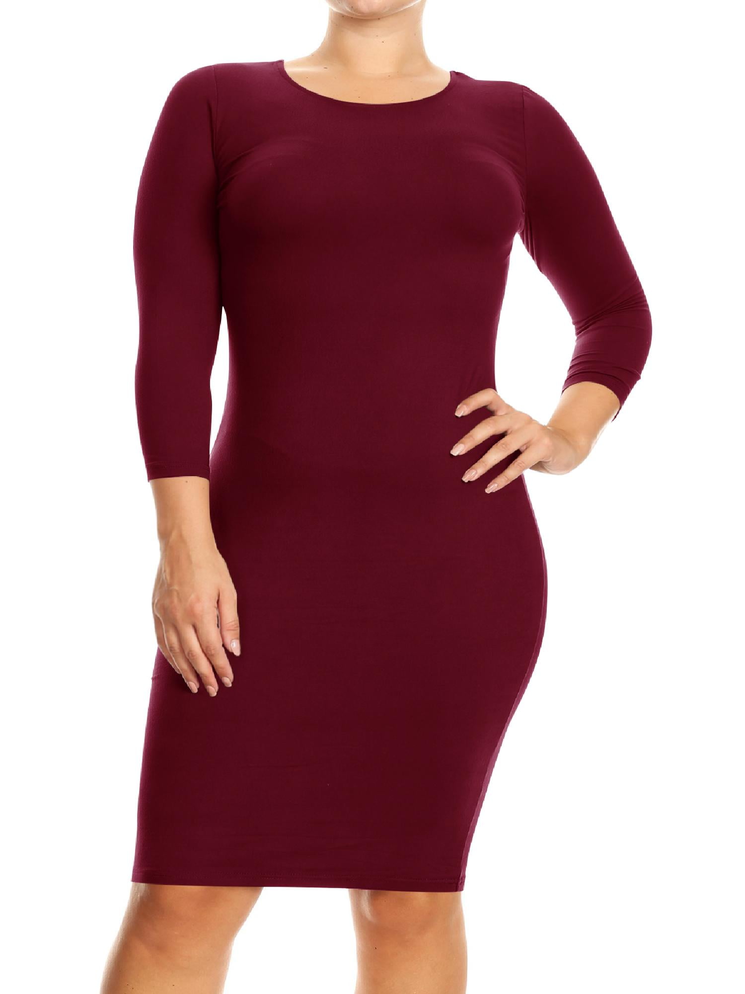 Women's Solid Crew Neck 3/4 Sleeve Midi Slim Bodycon Dress Plus Size -  Walmart.com