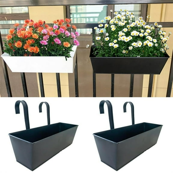 2 Pcs Metal Railing Planter Box 16 inch Adjustable Hanging Flower Pot Holder for Balcony Flowerpot Holders Planter Fence Planter for Deck,Fence,Porch or Patio-Outdoor Iron Garden Plant Pot,Black