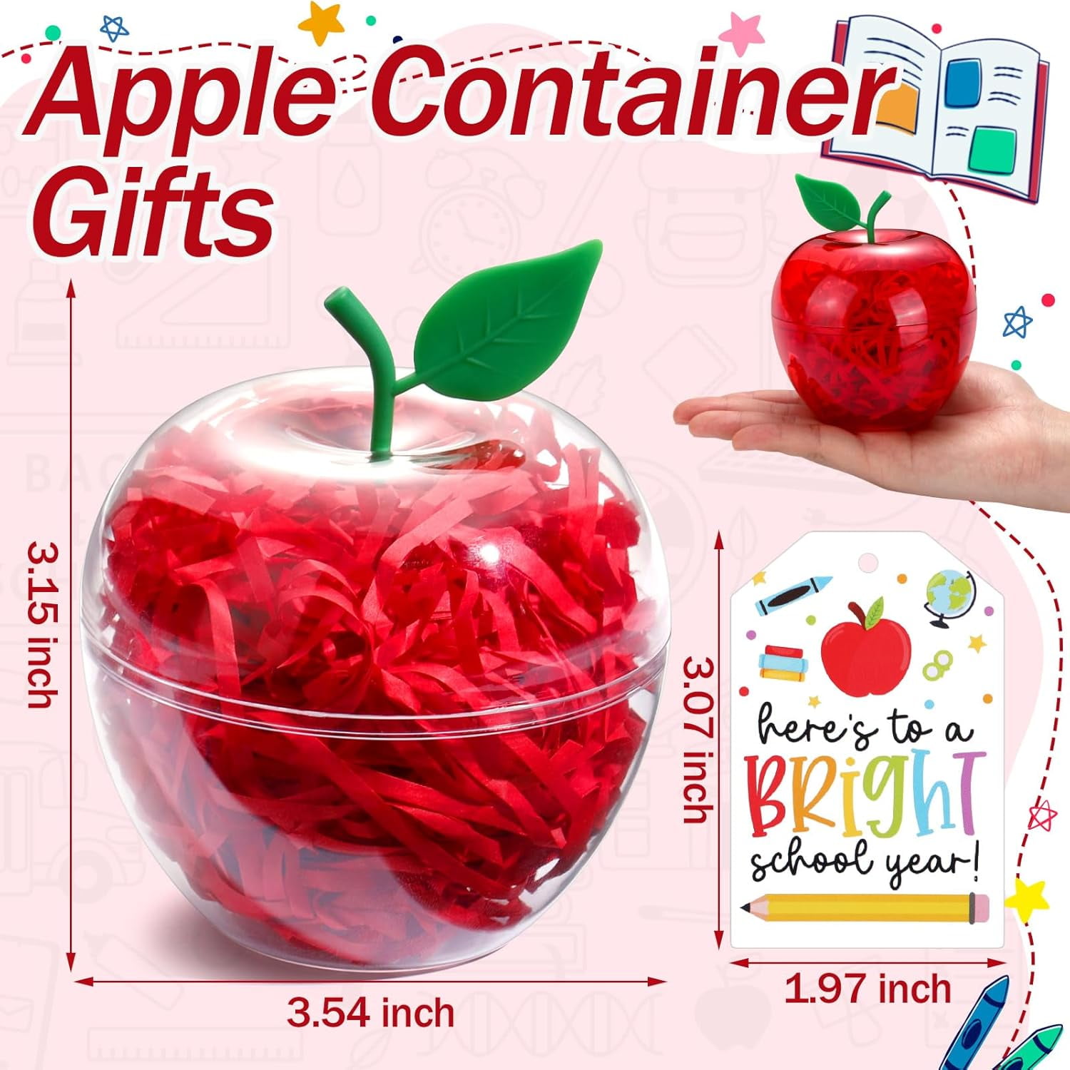 12 Sets Plastic Apple Container for Teacher, Large Apple Shaped Candy Jars Boxes, Teacher Week Appreciation Gifts Bulk Graduation Back to School Ornaments for Party Favor (Clear School Year)