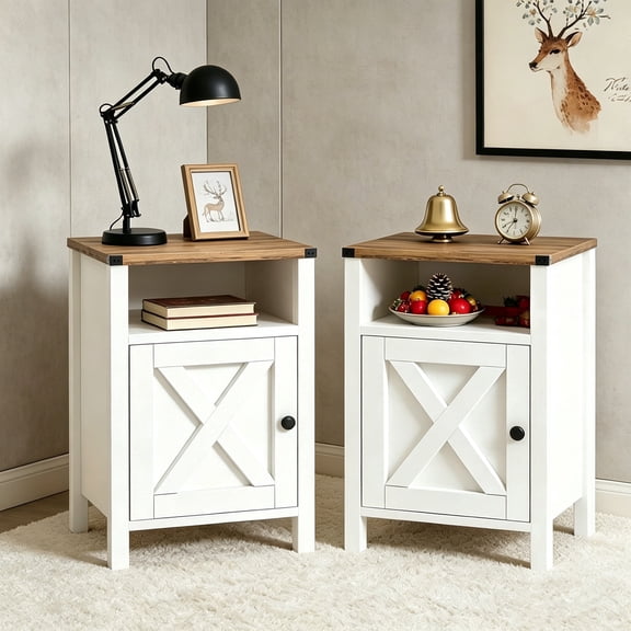 EVOKEDEN Farmhouse Nightstands Set of 2, Rustic Vintage Side End Table w/ Storage & Barn Door for Bedroom Living Room, White