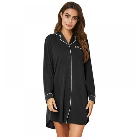 

Forzero Ladies Lapel Long-sleeved Home Service Solid Color Cotton Casual Nightdress