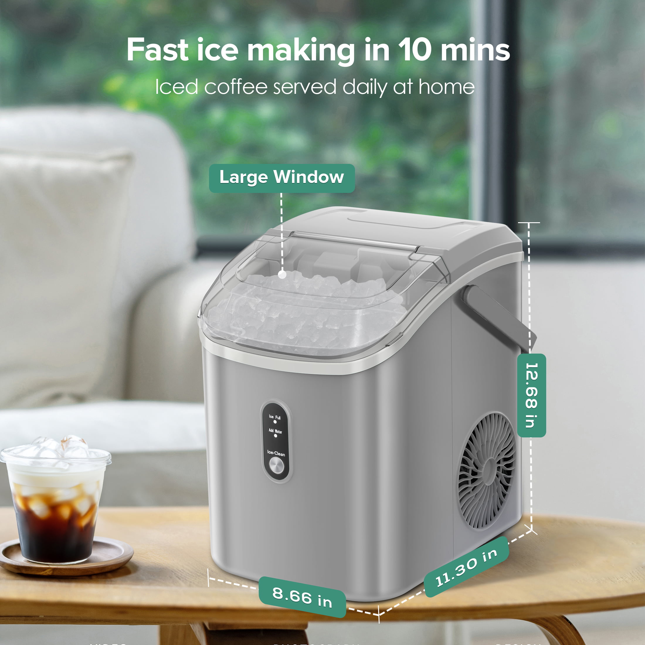 Kismile Nugget Ice Makers Countertop, 45lbs/Day Pellet Ice Maker Machine  with 24-Hour Timer, Self-Cleaning Crushed ice Maker with Ice Scoop and Ice