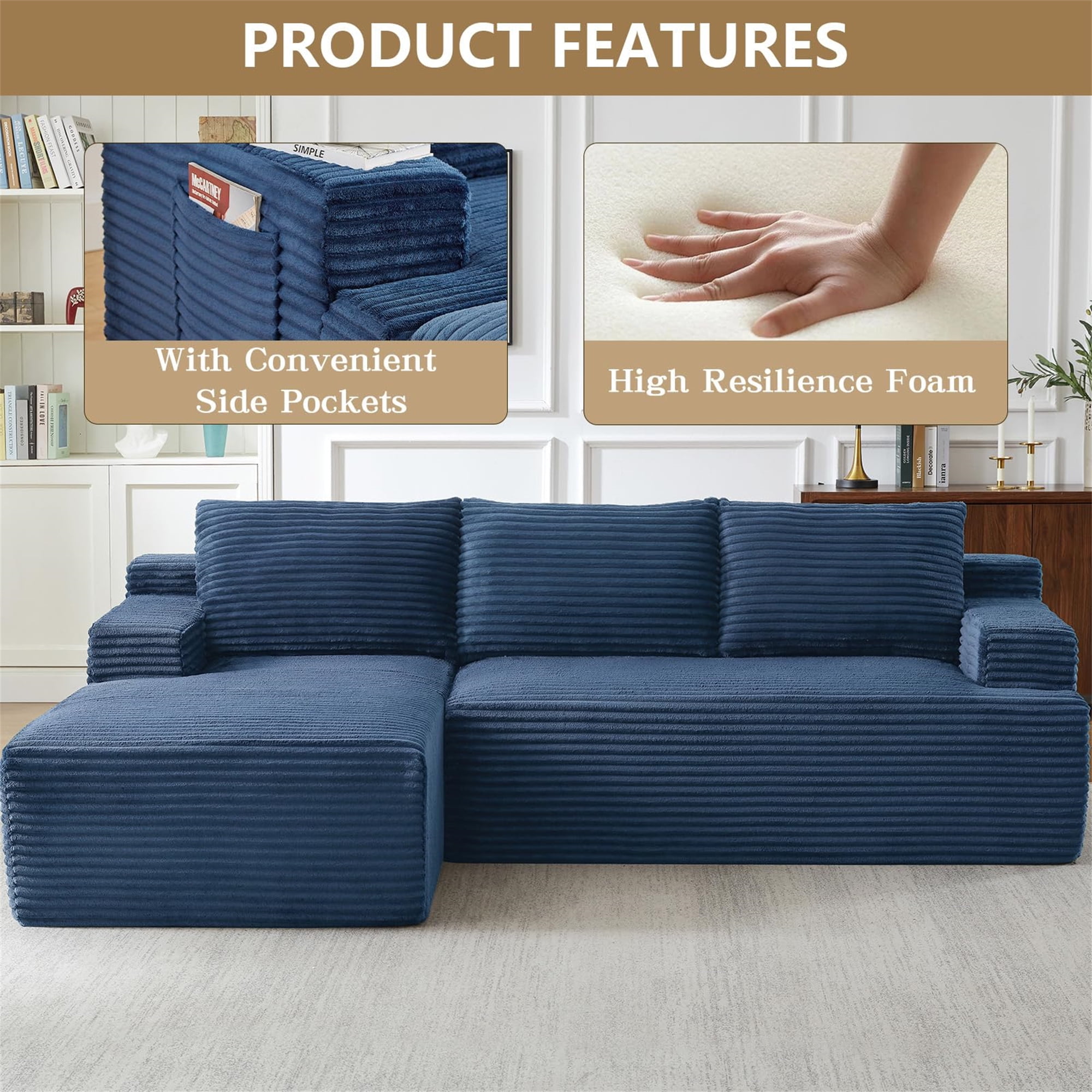 Aukfa 95" Cloud Sectional Sofa Boneless Couch Modular Sofa Bed for Living Room, 2 Side Pockets, Left Chaise, Blue
