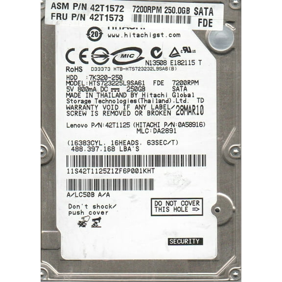 HTS723225L9SA61, PN 0A58916, MLC DA2891, Hitachi 250GB SATA 2.5 Hard Drive