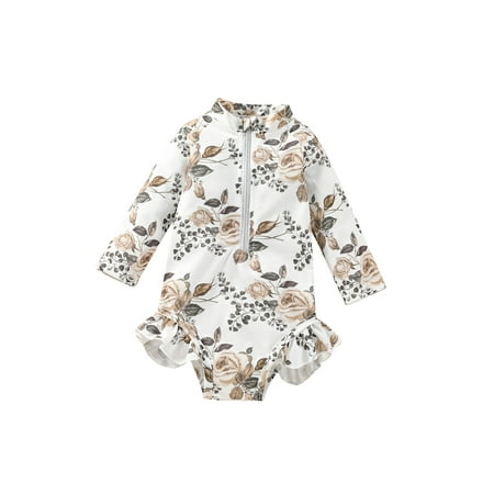 

Nituyy Infant Baby Girl Swimsuits Floral Print Long Sleeve Zip-up Ruffle Jumpsuit Swimwear Beachwear Bathing Suit 3M-3T