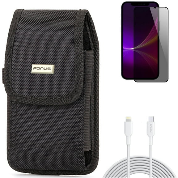 Privacy Screen Protector & 6ft PD Cable & Case Belt Clip for iPhone 13 Pro Max ONLY - Tempered Glass Curved Anti-Spy   USB-C Fast Charger Long   Rugged Holster Canvas Combo