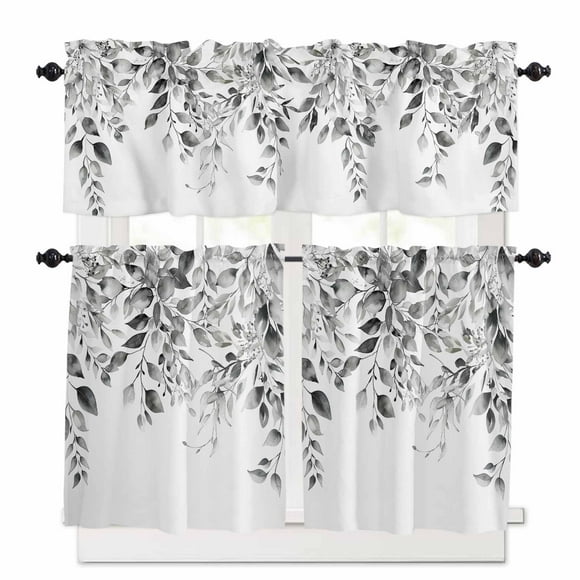Grey Eucalyptus Leaves Kitchen Curtains and Valances Set, 3 Piece Kitchen Curtains Set 24 Inch Length, Watercolor Weeping Botanical Rod Pocket Curtains Tier Farmhouse Window Curtains