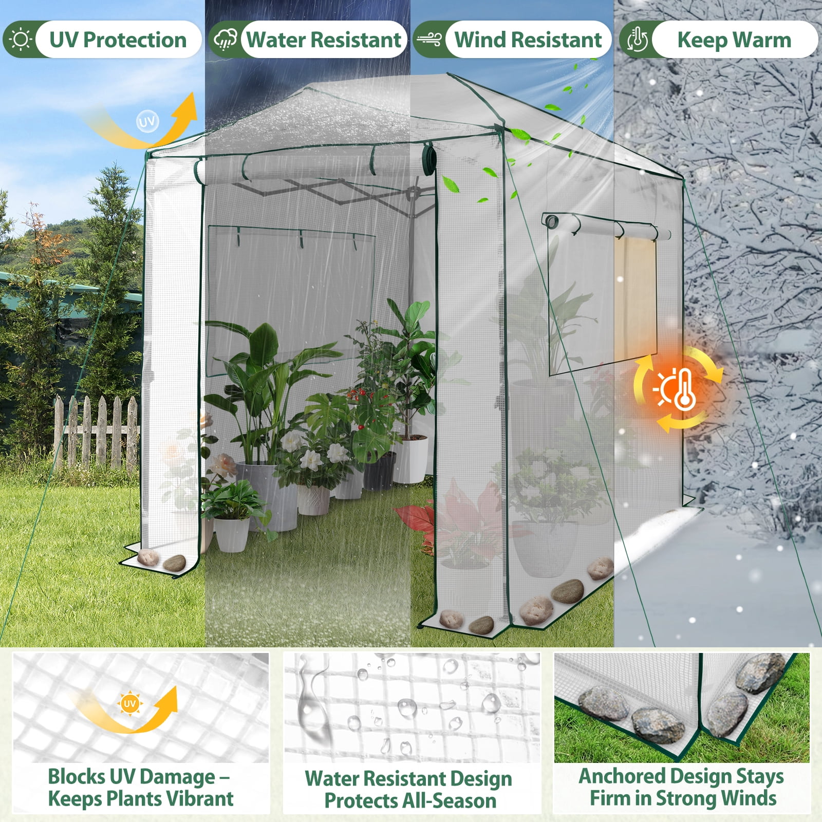 EAGLE PEAK 8x6 Portable Walk-in Greenhouse Instant Pop-up Fast Setup Indoor Outdoor Plant Gardening Greenhouse Canopy, Front and Rear Roll-Up Zipper Entry Doors and 2 Large Roll-Up Side Windows