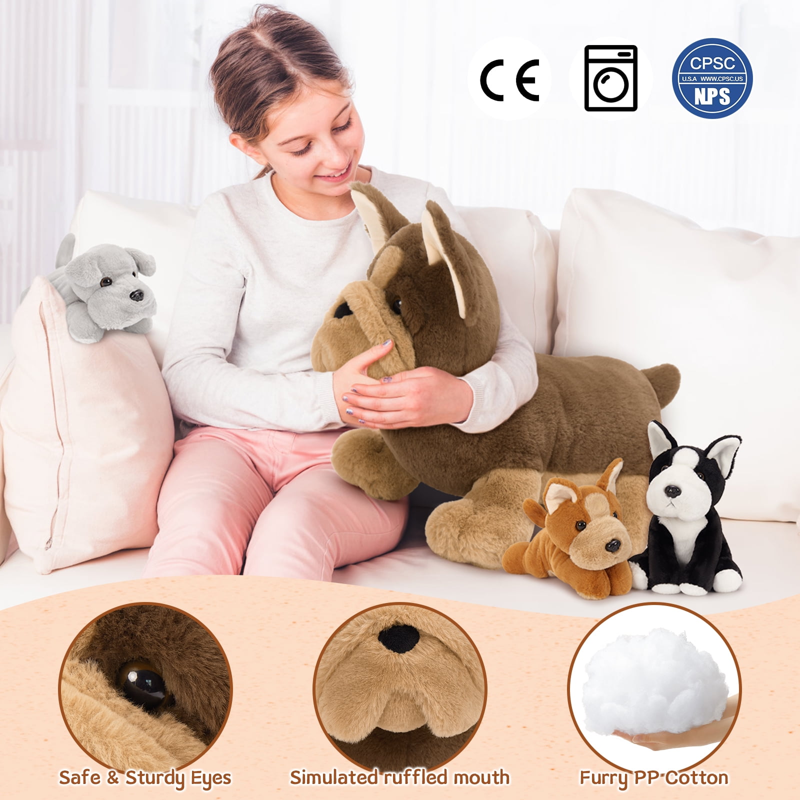 MorisMos 18" Bulldog Stuffed Animal Mommy Dog with 3 Baby Plush Toys