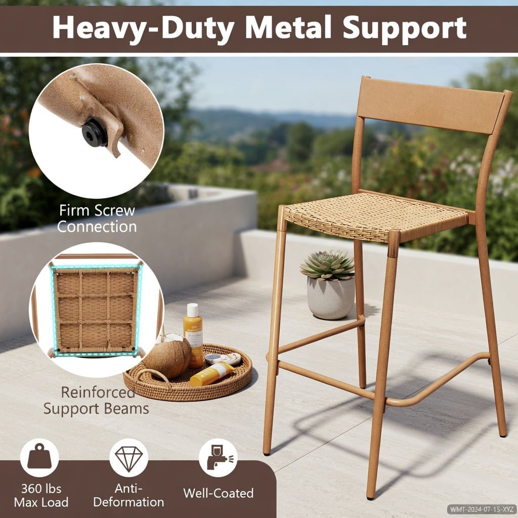 Hommoo 2-Pack Light Brown Woven Rattan Bar Stools with Metal Frame, Indoor/Outdoor Patio Bar Chairs, 29" Seat Height, Stackable & Space-Saving Design, Light Brown