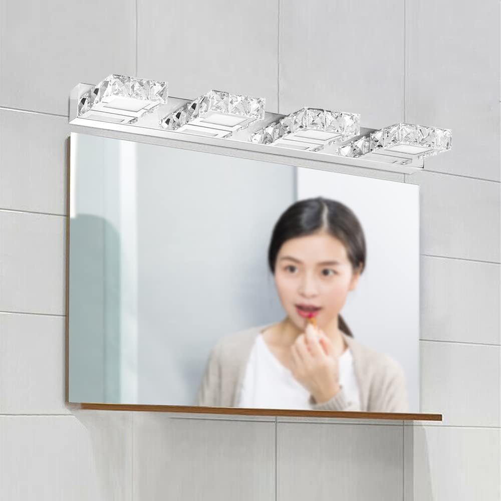 Bathroom Wall Lamp Fixture, Dimmable Led 4 Light Over Mirror Modern Crystal Vanity Light with Clear Glass Shade for Bedroom Living Room Dressing Room.